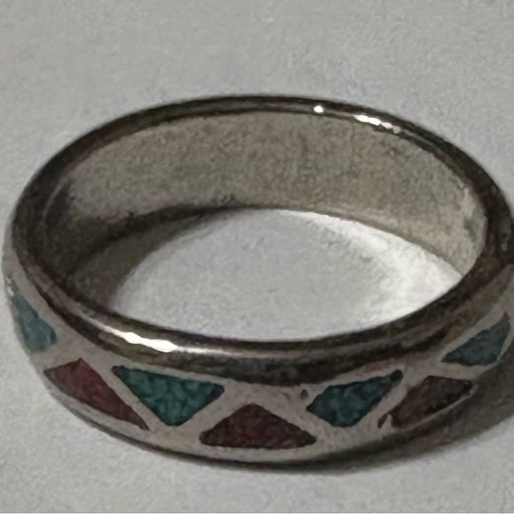 Silver Ring with Red and turquoise Aztec Accents - Picture 1 of 5